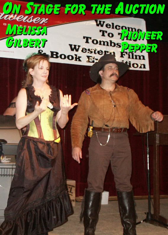 Melissa Gilbert, Laura Ingalls, and Pioneer Pepper on stage at the Little House on the Prairie reunion in Tombstone