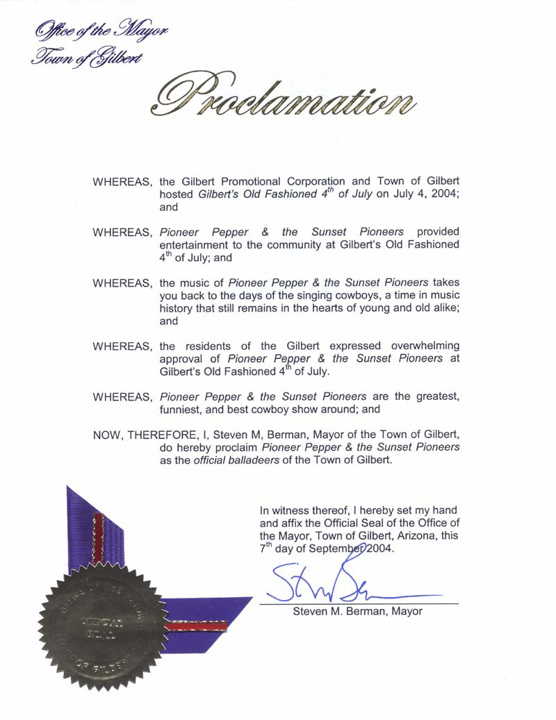 Proclaimation of Mayor Steve Berman, Town of Gilbert, Arizona